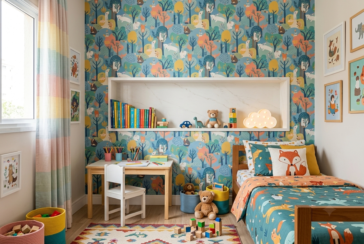 Quarto infantil organizado com nicho decorativo de parede
